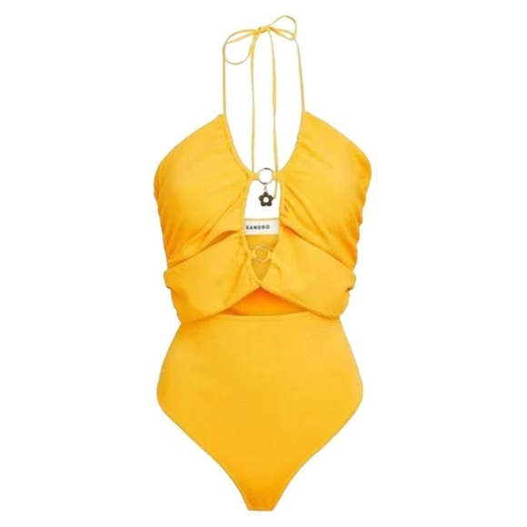 NWT Sandro Bodysuit Assiya Ring Halter Open Back in Marigold - Picture 1 of 16